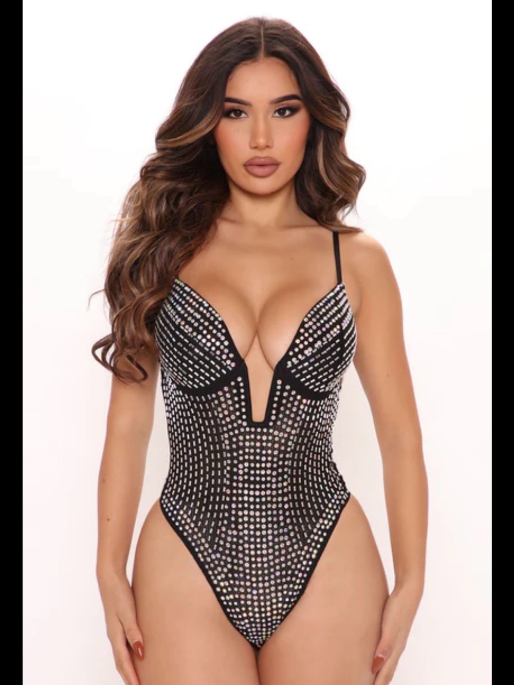 Fashion Nova Rhinestone Plunge V-Neck Black Bodysuit